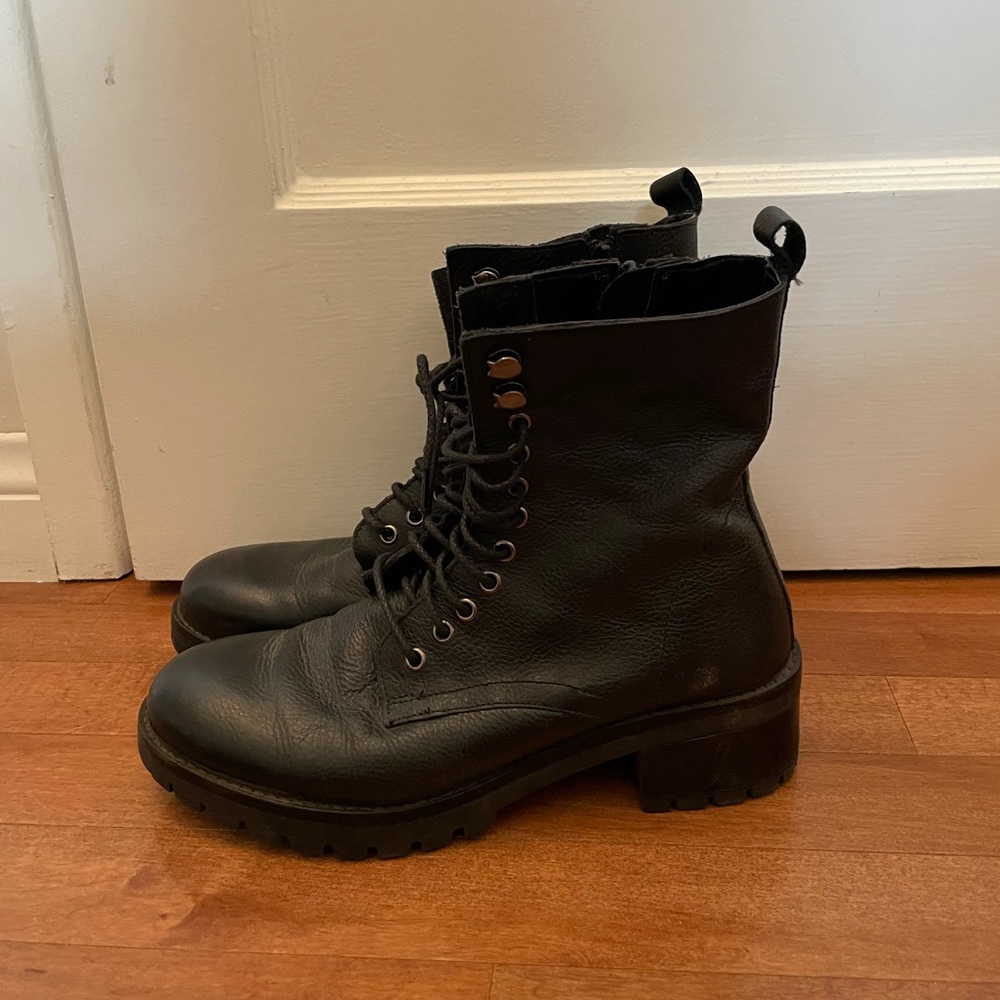 Black leather combat boots
